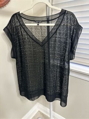 Eileen Fisher Black Sheer V-Neck Tunic with Perforated Dot Pattern, L